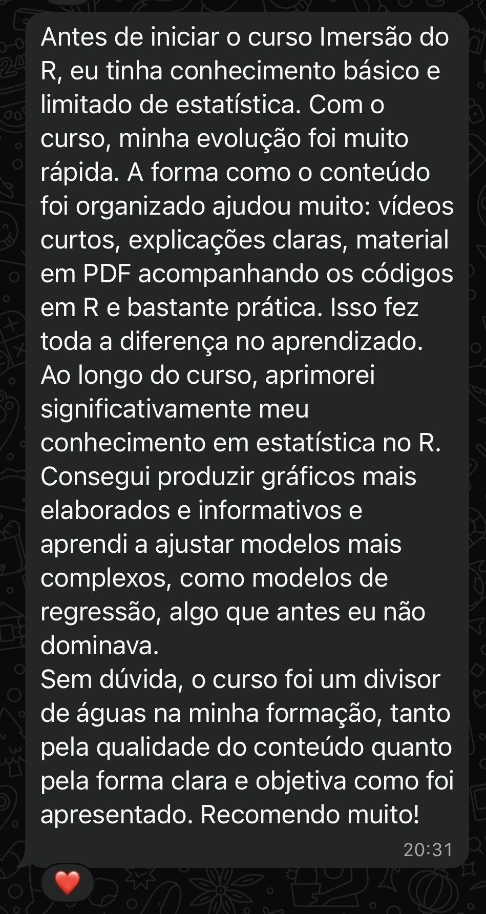 Mensagem da aluna Kamila enviada pelo WhatsApp, contando como a Jornada R3 foi um divisor de águas em sua formação.